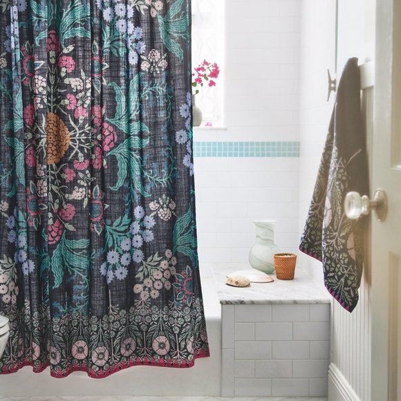 Anthropologie Black Floral Shower Curtain - Picture 2 of 5